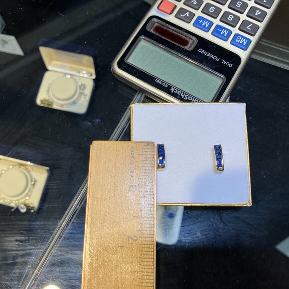 Princess Cut Sapphire Gold Earrings - Picture 3 of 6